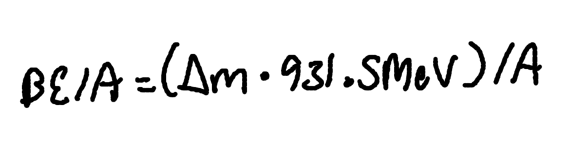 <p>Where</p><p>BE/A = Binding energy per nucleon</p><p>A = Number of nucleons (Mass number)</p>
