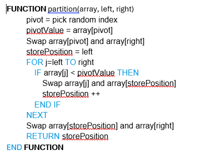 <p>Recursive algorithm. Chooses pivot then orders all the items to the left and right, <br>Time: O(nlogn)<br>Memory: O(logn)<br></p>
