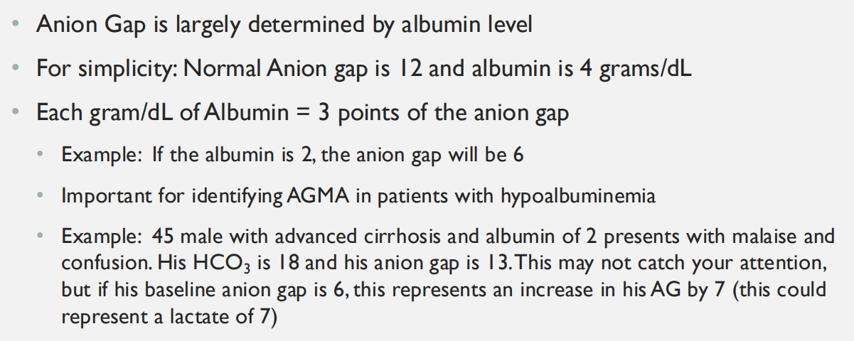 <p>Answer: Albumin carries substantial negative charge and accounts for much of the normal unmeasured-anion pool. Low albumin lowers baseline measured AG, potentially hiding new organic acids. Corrected AG ≈ observed AG + 2.5 × (4 − albumin in g/dL).</p>
<p>Extra Information:</p>
<ul>
<li>The faculty alternative approximates 3 mEq/L of AG per 1 g/dL of albumin, while Dr. Rice uses 2.5 for correction.</li>
</ul>
<p>Source: B7LG3 slides 7–8 | B7LG1 slide 18</p>