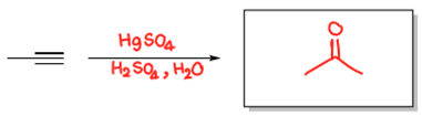 <p>HgSO4, H2SO4, H2O, Markovnikov, neither stereoselective, no rearrangement (forms methyl ketone via tautomerization)</p>