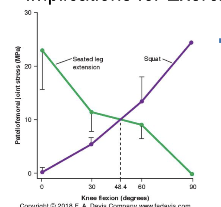 <p>< 45 flexion → less PF stress in squat </p><p>> 45 flexion → more PF stress in squat</p><p></p>