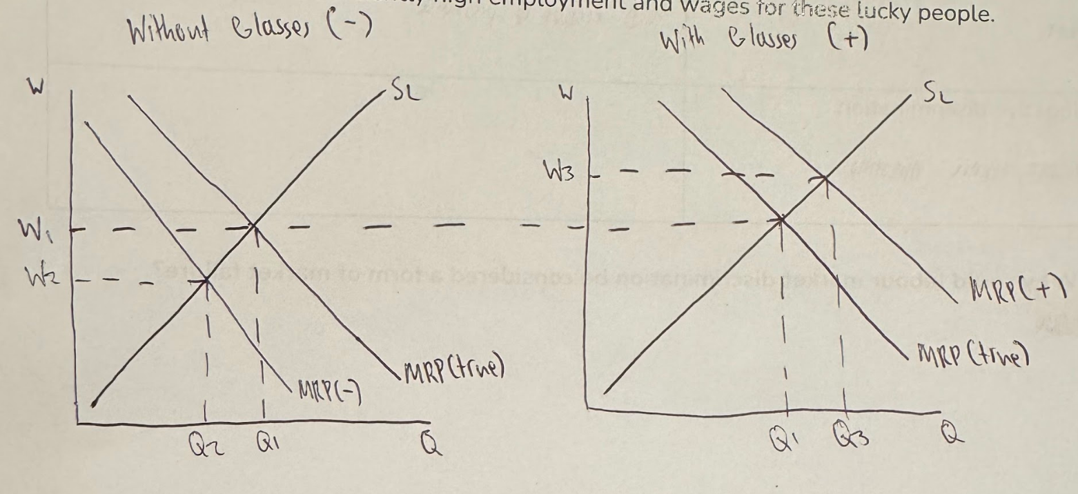 <ul><li><p>Employers profile employees by their <strong><mark data-color="purple" style="background-color: purple; color: inherit;">demographic factors</mark></strong>, such as wearing glasses or not</p></li><li><p>Each demographic factor has its <strong><mark data-color="purple" style="background-color: purple; color: inherit;">own market segment</mark></strong> - employees wearing glasses have a separate segment to employees not wearing glasses</p></li><li><p>Firms <strong><mark data-color="purple" style="background-color: purple; color: inherit;">mistakenly believe</mark></strong> that workers who wear glasses <strong><mark data-color="purple" style="background-color: purple; color: inherit;">are more productive</mark></strong> than those who don’t</p></li><li><p>→ the perceived MRP of those wearing glasses is higher than their true MRP, shown by MRP (+) → their wage is W3 at Q3</p></li><li><p>The perceived MRP of those not wearing glasses is lower than thier true MRP, shown by MRP (-) → their wage is W2 at Q2</p></li><li><p>The result is that those with glasses are paid higher wage of W3</p></li></ul><p></p>