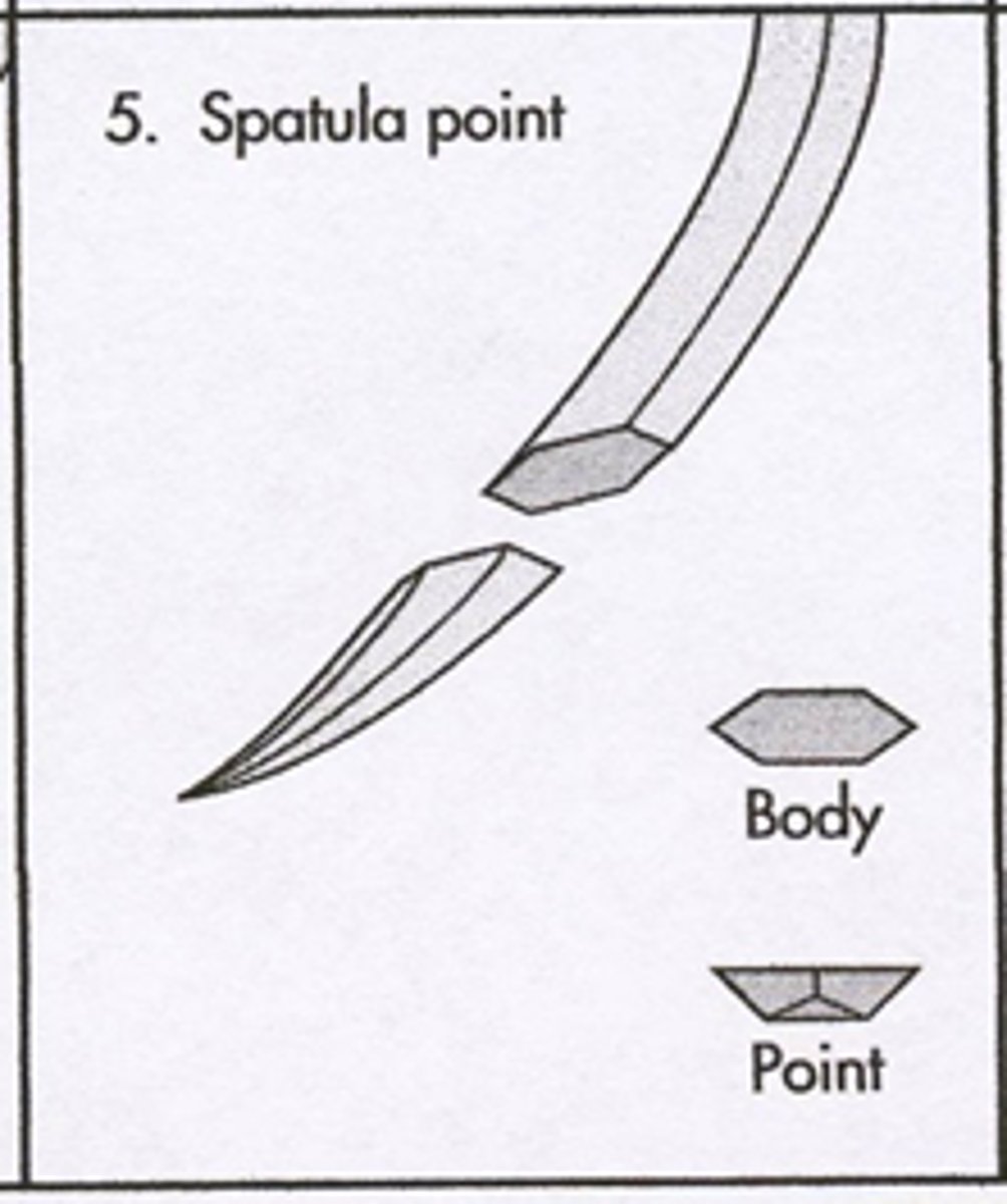 <p>-spatula needles</p><p>-flat on top &amp; bottom with side cutting edges</p><p>-eliminates unnecessary cutting of tissue</p><p>-used for EYE SURGERY to separate the corneal and scleral tissue</p>