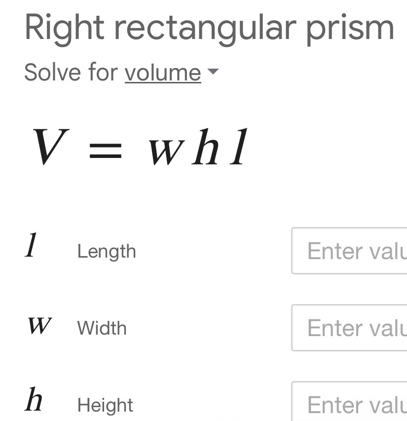 <p><span><span>V = length × width × height</span></span></p>
