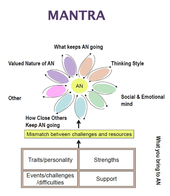 <ul><li><p>Cognitive and personality traits (rigidity, avoidance)</p></li><li><p>Semi-structured, workbook with tailored modules </p></li><li><p>Focus = broader personal and emotional factors</p></li><li><p>Anorexia continues because of:</p><ul><li><p>Thinking style (e.g., perfectionism)</p></li><li><p>Emotional and social difficulties</p></li><li><p>Beliefs about anorexia (e.g., “it helps me cope”)</p></li></ul></li></ul><ul><li><p> There is a mismatch between challenges and resources:</p><ul><li><p>Challenges = stress, problems</p></li><li><p>Resources = support, coping skills</p></li></ul></li></ul><p></p>