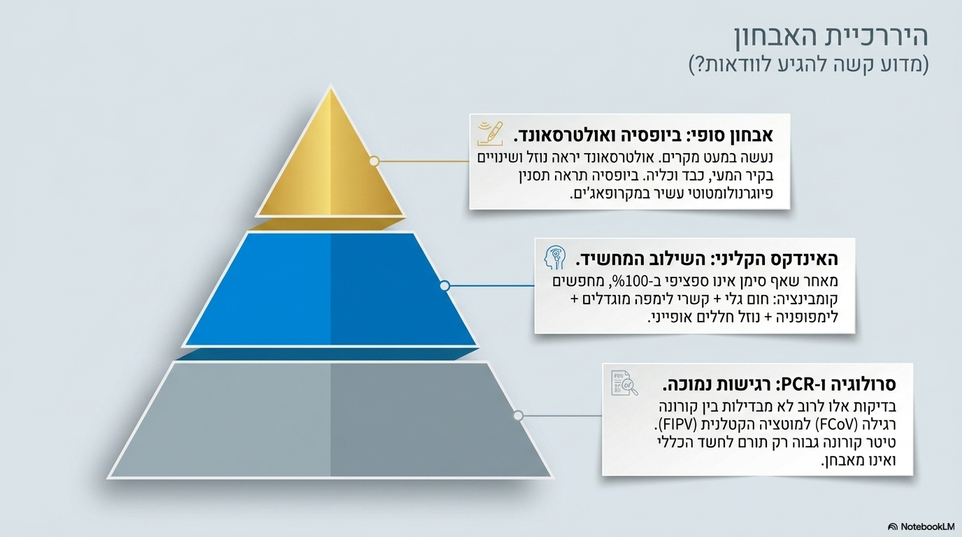 <ul><li><p><strong>סרולוגיה (נוגדנים)</strong>: בדיקה זו אינה מבדילה בין חשיפה לקורונה הרגילה לבין מחלת ה<strong>אף.איי.פי.</strong>, אם כי הטיטר (כמות הנוגדנים) נוטה להראות ערכים גבוהים יותר ב<strong>אף.איי.פי.</strong>.</p></li><li><p><strong>פי.סי.אר. </strong>: אינו מבדיל בין קורונה לבין מחלת ה<strong>אף.איי.פי.</strong> (ויש על כך ויכוח מדעי בספרות).</p></li><li><p><strong>בידוד המוטציה וריצופה</strong>: הליך מורכב ביותר מכיוון שהמוטציה משתנה כל הזמן.</p></li><li><p><em>הערה דיאגנוסטית</em>: את כל המבחנים הייעודיים הללו ניתן לבצע גם על דגימה מתוך נוזל ה-סי.אס.אף..</p></li></ul><p></p>