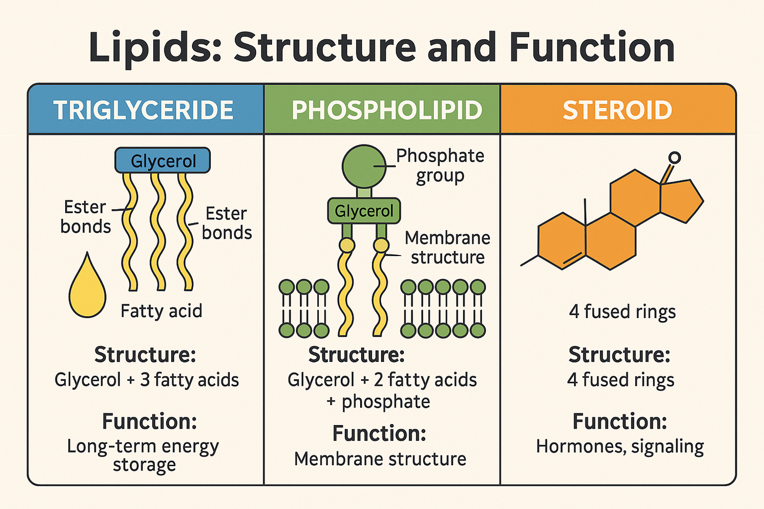 <p>Triglycerides are made of 3 fatty acids connected to 1 glycerol molecule, while phospholipids are made of 2 fatty acids and 1 glycerol molecule with a phosphate group and a polar organic group. </p>