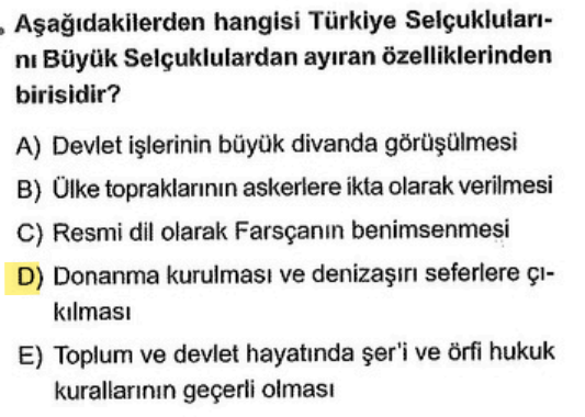 <p>Büyük Selçuklular İran merkezli bir kara devletidir. Türkiye Selçukluları ise Anadolu'da oldukları için denize ulaşmış ve <strong>donanma</strong> kurmuşlardır.</p>