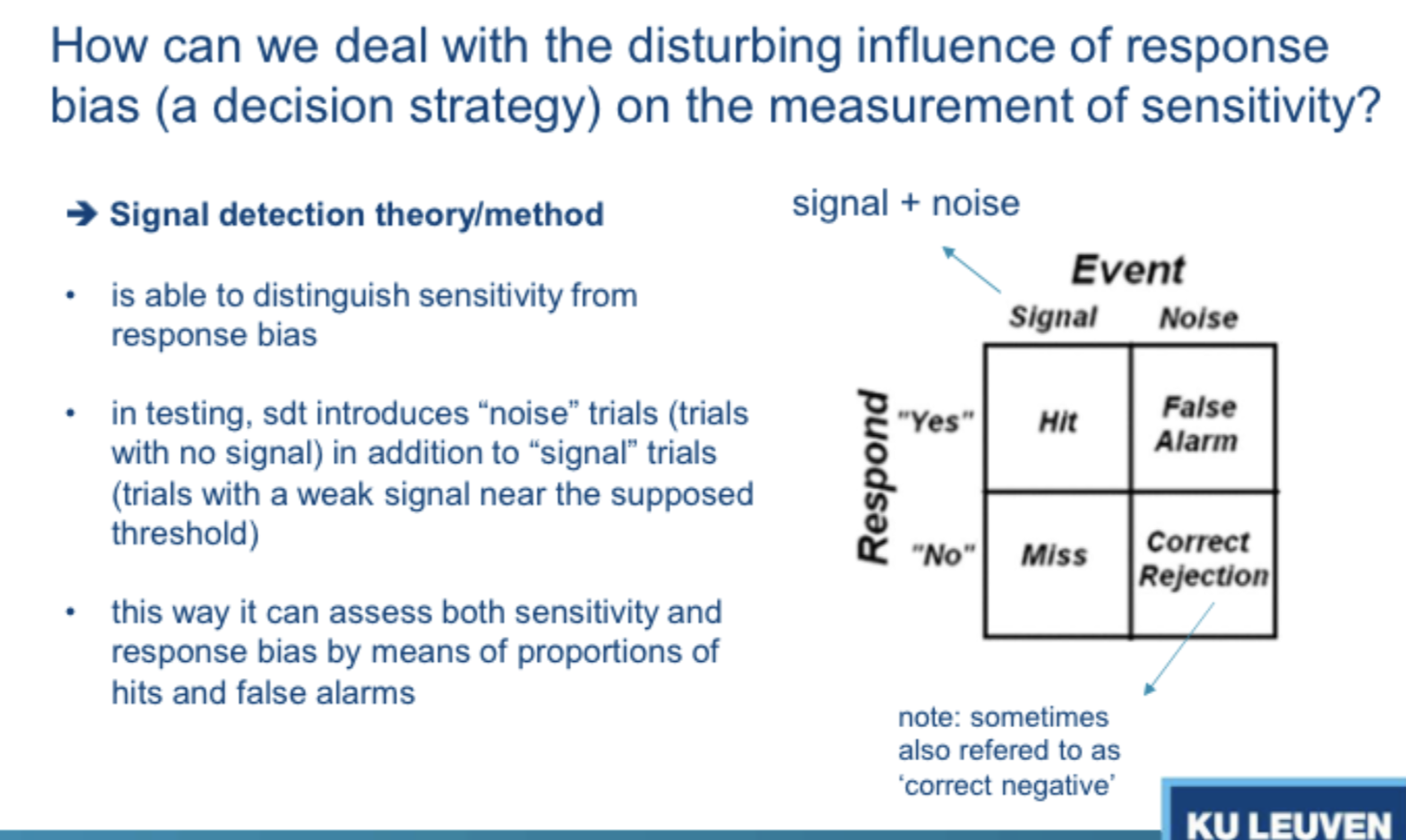 <p>when you are more sensitive to the signal, your internal response will be stronger (larger difference between noise+signal distribution) </p>