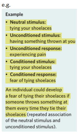 <p><span style="background-color: inherit; line-height: 20.7px; color: windowtext;"><strong>Precipitating factors</strong> are factors that increase the susceptibility to and contribute to the occurrence of developing a specific phobia</span><span style="line-height: 20.7px; color: windowtext;"> </span></p><p class="Paragraph SCXO48759054 BCX0" style="text-align: left;"></p><p class="Paragraph SCXO48759054 BCX0" style="text-align: left;"><span style="background-color: inherit; line-height: 20.7px; color: windowtext;">Classical conditioning can precipitate specific phobia as phobias can be learned, and therefore developed, through classical conditioning</span><span style="line-height: 20.7px; color: windowtext;"> </span></p><p class="Paragraph SCXO48759054 BCX0" style="text-align: left;"><span style="background-color: inherit; line-height: 20.7px; color: windowtext;">In terms of classical conditioning:</span><span style="line-height: 20.7px; color: windowtext;"> </span></p><ul><li><p class="Paragraph SCXO48759054 BCX0" style="text-align: left;"><span style="background-color: inherit; line-height: 20.7px; color: windowtext;">What becomes a phobic stimulus would initially be the neutral stimulus (NS)</span><span style="line-height: 20.7px; color: windowtext;"> </span></p></li><li><p class="Paragraph SCXO48759054 BCX0" style="text-align: left;"><span style="background-color: inherit; line-height: 20.7px; color: windowtext;">Through repeated association with an unconditioned stimulus (UCS) that naturally induces fear, the NS becomes the conditioned stimulus (CS)/ phobic stimulus, producing the conditioned response (CR) which is the phobic/fear response</span><span style="line-height: 20.7px; color: windowtext;"> </span></p></li></ul><p></p>