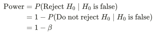 <p>Probability the test <strong>correctly rejects</strong> a false null hypothesis / reaches the correct decision </p>