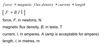 <ol><li><p>When a conductor carryibng a current is placed in a megntic field, the magnet producing the field and the conductor exert a force on each other.</p></li><li><p>Thumb=force, First finger=field and Second finger=current.</p></li><li><p>Magnetic flux density, Current and length of conductor.</p></li><li><p>[Image]</p></li></ol><p></p>