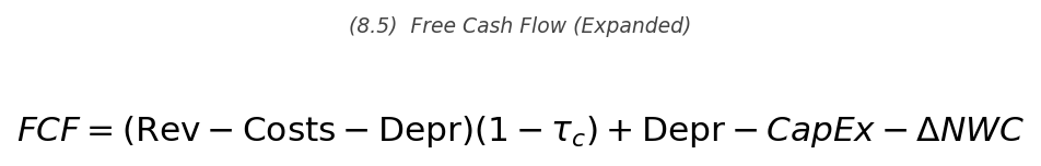 <p>FCF = (\text{Rev} - \text{Costs} - \text{Dep})(1-\tau_c) + \text{Dep} - \text{CapEx} - \Delta NWC</p>