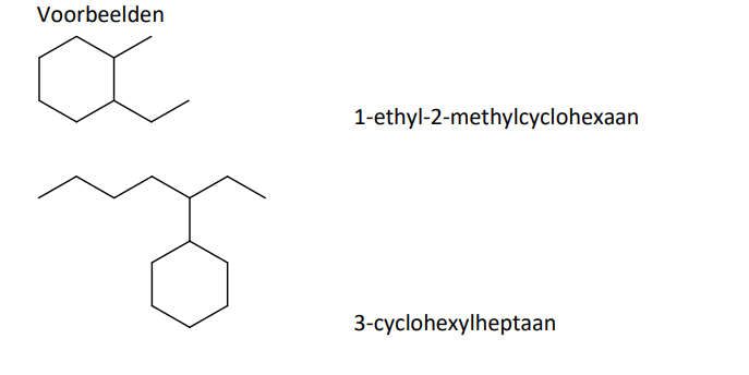 <ul><li><p>een cycloalkaan wordt benoemd door het voorvoegsel cyclo- voor de naam van het alkaan te plaatsen</p></li><li><p>bevatten de ringen substituenten, dan wordt gekeken wie de langste keten heeft</p></li><li><p>is de ringstructuur de langste keten, dan worden dezelfde regels als voor vertakte koolwaterstoffen toegepast</p></li><li><p>de ringstructuur is dan de hoofdketen en wordt weergegeven door cyclo + stam + aan</p></li><li><p>wanneer de ringstructuur niet de langste keten is, dan wordt deze ring als zijketen genomen, de naam wordt dan gevormd door cyclo + stam + yl</p></li></ul><p></p>