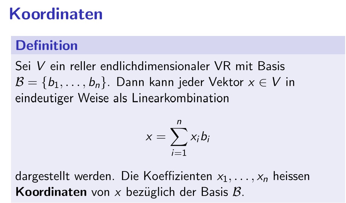 <p>Wie viel mal muss man welchen Basisvektor nehmen, um einen Vektor x zu bekommen?</p>
