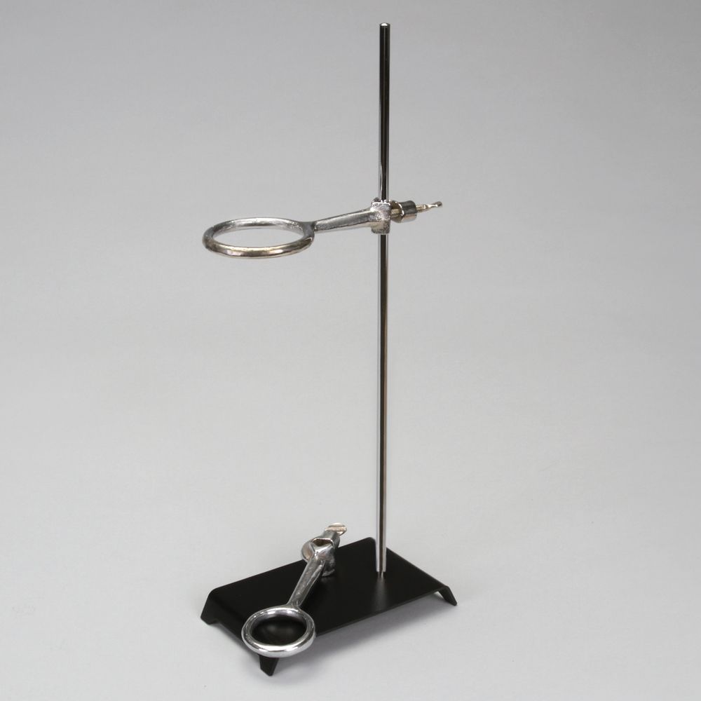 <p>A supporting device used in laboratories to hold equipment in place, typically consisting of a vertical rod with a base and various attachments for securing flasks or test tubes. </p>