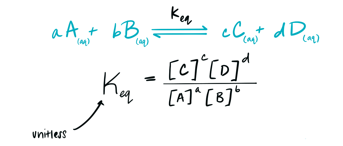 <p>Keq=Products/reactants</p><p>Or Kc=[products]/[reactants]</p><p>Exponents=coefficients</p><p>IGNORE SOLIDS</p><p>Can do partial pressures if gases involved</p>