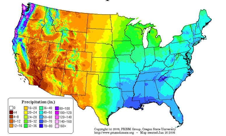 <ul><li><p><span>Rainfall distribution is uneven</span></p><p style="text-align: left;"><span>East of Mississippi 40-45”/yr</span></p><p style="text-align: left;"><span>Pacific Northwest 80”/yr</span></p><p style="text-align: left;"><span>Midwest much lower 10-20”/yr</span></p></li></ul><p></p>
