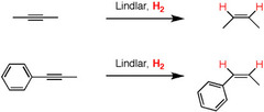 <p>H2, Pb/CaCO3, Pb(OAc)2</p><p>Adds syn to alkyne</p>