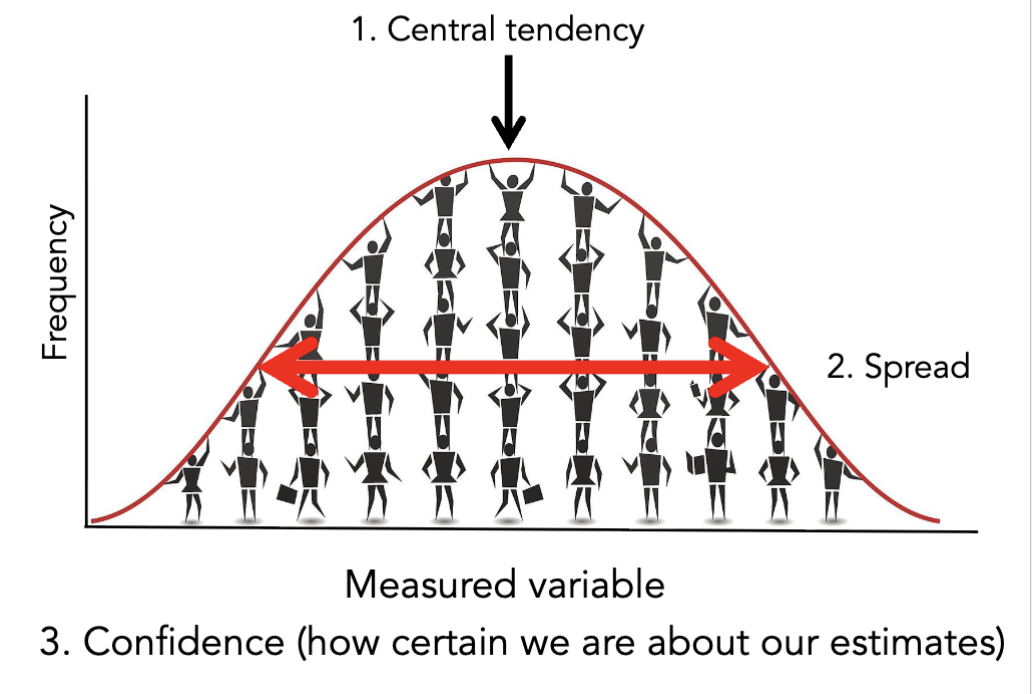 <p>1) Central tendency</p><p>2) Spread</p><p>3) Confidence (how certain we are about our estimates)</p>