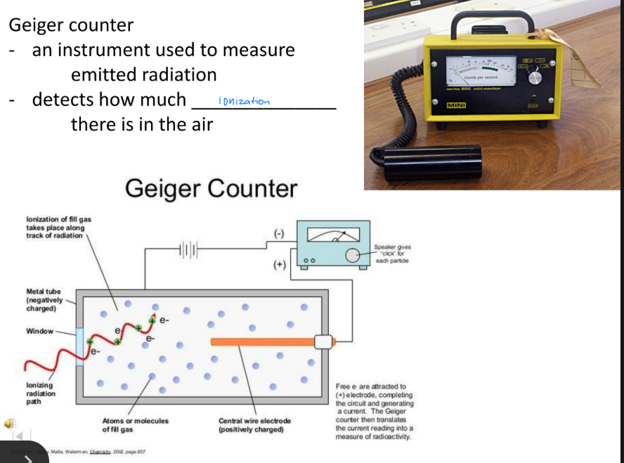 <ul><li><p>an instrument used to measure emitted radiation</p></li><li><p>detects how much ionization there is in the air</p></li></ul><p></p>