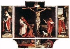 <p>Form: oil on wood, diptych (two panels/wings)</p><p>Content:</p><p>-predella: base of the altarpiece</p><p>-1st panel: shows Jesus suffering on the cross symbolizing the suffering of the patients</p><p>-2nd panel: shows Jesus resurrection</p><p> -3rd panel: statue of St. Anthony who was patron saint of the hospital</p><p>Function:</p><p>- made for a hospital to relate their suffering to Jesus' suffering in order to make them feel better </p><p>Context:</p><p>- no longer in situ</p><p>- Boarder of France and Germany</p><p>-Made by Matthias Grunewalkd in 1512-1516 CE</p>