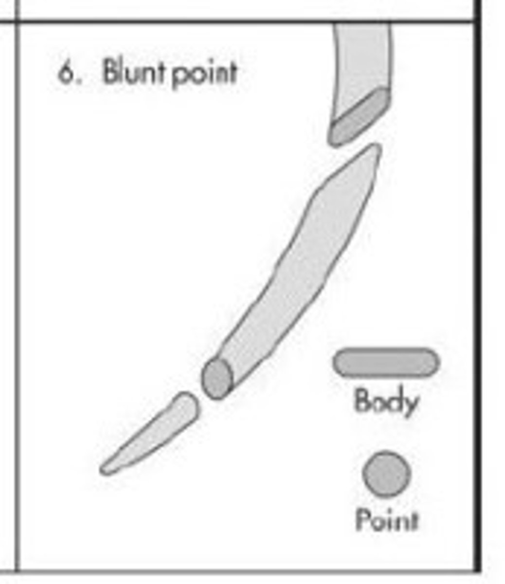 <p>-round shaft with a blunt tip</p><p>-doesn't puncture tissue, but slides b/w tissue fibers</p><p>-LEAST TRAUMATIC &amp; SAFEST</p><p>-used on friable tissues &amp; organs (liver, kidney, spleen)</p><p>-also used in OB cases</p>