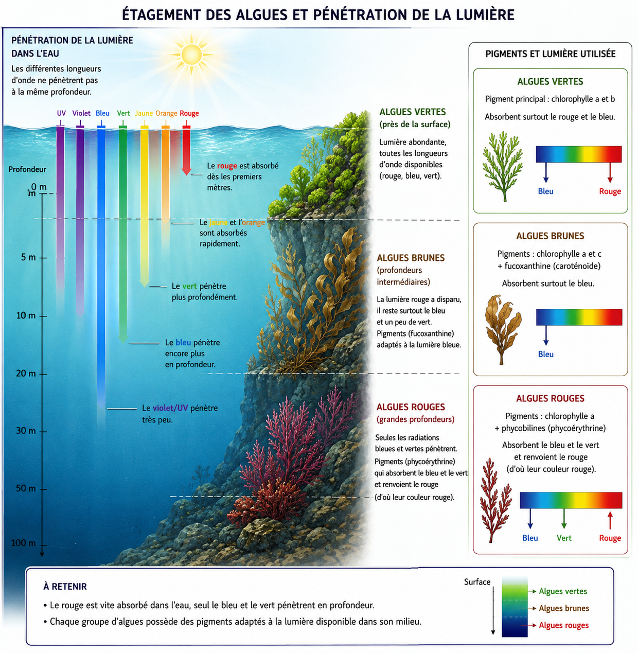 <p>La lumière qui pénètre dans l'eau est progressivement absorbée avec la profondeur, mais toutes les longueurs d'onde ne disparaissent pas à la même vitesse. Les radiations rouges sont absorbées dès les premiers mètres, suivies par les radiations jaunes et orangées. Les radiations bleues et vertes pénètrent beaucoup plus profondément. Cette variation de la qualité de la lumière influence directement la répartition des algues, car chaque groupe possède des pigments photosynthétiques capables d'absorber certaines longueurs d'onde plus efficacement que d'autres.</p><p>Près de la surface, où la lumière est abondante et où le rouge est encore disponible, les algues vertes sont favorisées grâce à leur chlorophylle qui absorbe principalement les radiations rouges et bleues. À des profondeurs intermédiaires dominent souvent les algues brunes, dont les caroténoïdes, notamment la fucoxanthine, permettent une meilleure utilisation de la lumière bleue qui pénètre davantage dans l'eau. Plus en profondeur encore se développent les algues rouges, qui possèdent des pigments particuliers appelés phycobilines, notamment la phycoérythrine. Ce pigment absorbe efficacement les radiations vertes et bleues encore disponibles à grande profondeur. Comme la phycoérythrine réfléchit les radiations rouges, ces algues apparaissent rouges à nos yeux.</p><p>Ainsi, l'étagement classique observé sur de nombreux littoraux est généralement : algues vertes près de la surface, algues brunes à profondeur intermédiaire et algues rouges aux plus grandes profondeurs, chaque groupe étant adapté à la qualité de lumière disponible dans son habitat.</p>