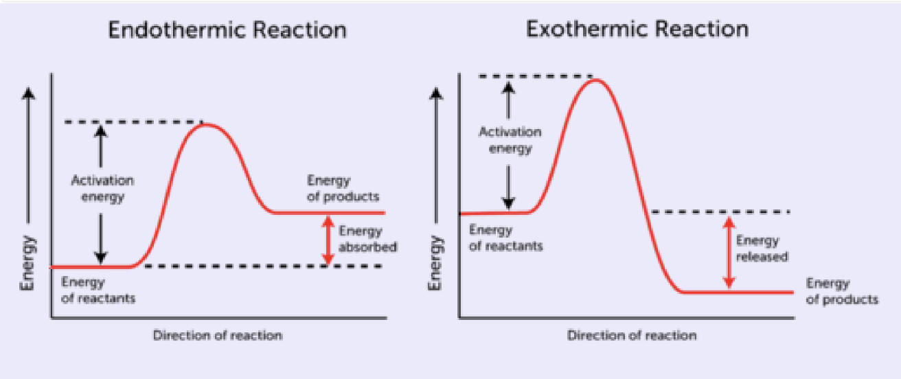 <ul><li><p>Concerns the amount of heat released or absorbed during a chemical reaction at constant pressure</p></li><li><p>Represented as <strong>ΔH</strong></p><ul><li><p>Reactions that release heat</p><ul><li><p>Exothermic</p></li><li><p>Get hot (the surrounding temperature goes up)</p></li><li><p><strong>ΔH</strong>= negative #</p></li></ul></li><li><p>Reactions that absorb heat</p><ul><li><p>Endothermic</p></li><li><p>Get cold (surrounding temperature goes down)</p></li><li><p><strong>ΔH </strong>= positive #</p></li></ul></li><li><p><u>(</u><strong><u>Δ is always final - initial)</u></strong></p></li></ul></li></ul><p></p>