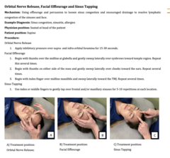 <p>1. frontal sinuses </p><p>- start at frontal sinus with thumbs and move down to peri-auricular nodes, then down SCM over the superficial anterior chain </p><p>2. Maxillary sinuses</p><p>- start at maxillary → PA nodes → down over SCM and the SAC</p><p>3. Submental:</p><p>- start at the submental → up to PA nodes → down over SCM and the SAC</p>