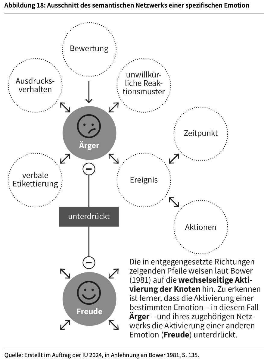 <p><strong>Ausschnitt des semantischen Netzwerks einer spezifischen Emotion: </strong><em>(Siehe Abb.) </em></p><ul><li><p>entgegengesetzt zeigende Pfeile </p></li><li><p>Aktivierung einer bestimmten Emotion</p></li><li><p>gleichzeitige Aktivierung zweier, sich nicht gegenseitig unterdrückender Emotionen</p></li></ul><p></p>