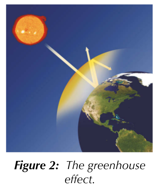 <ul><li><p>Molecules of <strong>greenhouse gases</strong> (e.g. CO<sub>2</sub>, methane & water vapour) have bonds that are<strong> really good at absorbing infrared energy</strong></p></li><li><p>If the amounts of these gases in the atmosphere <strong>increase</strong>, <strong>more IR radiation is absorbed</strong> → leads to global warming</p></li></ul><p></p>