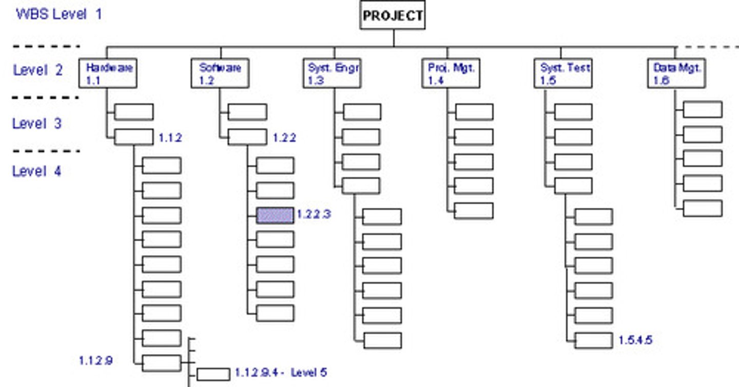 <p>subdividing project deliverables and work into smaller more manageable components</p>