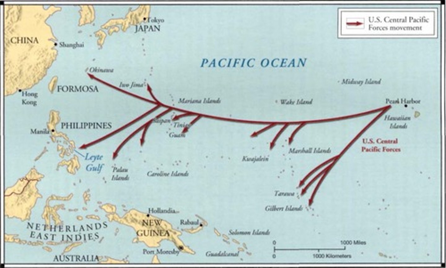 <p>American strategy of capturing selected islands in the Pacific in a steady path to Japan</p>