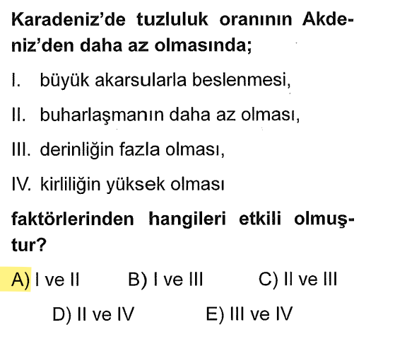 <p><strong>Bol akarsu:</strong> Tatlı su girişi tuzluluğu azaltır.</p><p><strong>Az buharlaşma:</strong> Hava soğuk olduğu için su buharlaşmaz, tuz konsantresi artmaz.</p>
