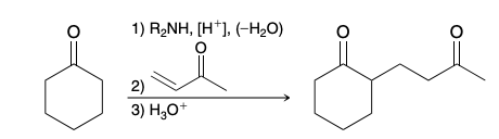 <p>(1) formation of an enamine, (2) a Michael addition, and (3) hydrolysis.</p>