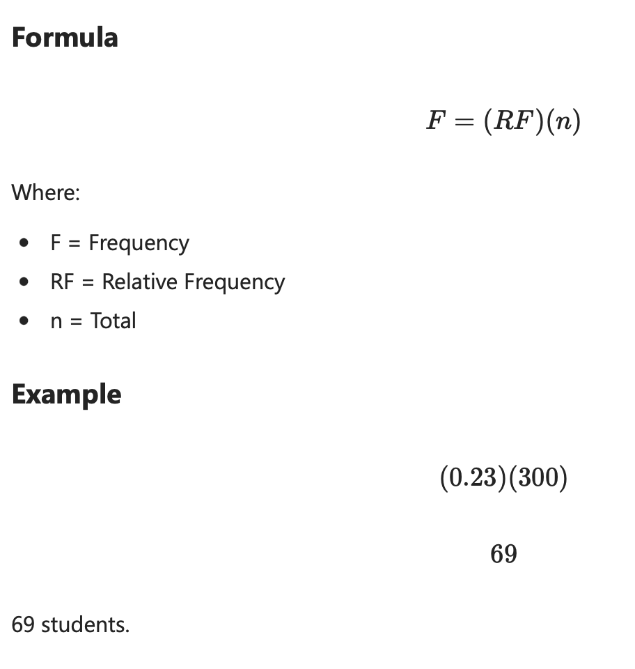 <p>Frequency </p><p>Formula: <mark data-color="purple" style="background-color: purple; color: inherit;">Frequency = Relative Frequency x n (observations)</mark></p><p>Look for:</p><ul><li><p>Relative frequency</p></li><li><p>Frequency</p></li><li><p>Total surveyed</p></li></ul><p></p>