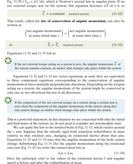 <p>In the same way how if no forces act on a system then we have the conservation of LINEAR momentum, so too do we have angular momentum conservation if there is NO external torque.</p><p></p><p>Recall that the change in angular momentum is equal to torque, so if the torque is 0, then the CHANGE in angular momentum is 0 as well. </p><p></p><p>In other words, if the angular momentum is constant, then we can apply the law of conservation of angular momentum. </p><p></p><p>L<sub>i</sub> = L<sub>f </sub></p><p></p><p></p>
