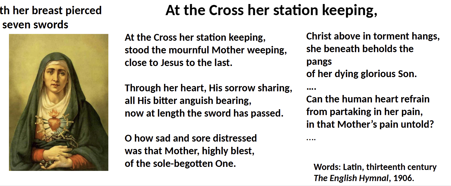 <ul><li><p>Mary, outside of just modelling motherhood, is the “Mother of Sorrow”, she is a woman who lost her son(Jesus)</p></li><li><p>the attached artwork has seven swords, each representing one of Mary’s seven sorrows, connected to Jesus’ crucifixion, his death for 3 days, sometimes bleeding</p></li><li><p>Makes the work of pain appear to be “gendered” —> especially in Western society where women bear the brunt of mourning sickness/death </p></li></ul><p></p>