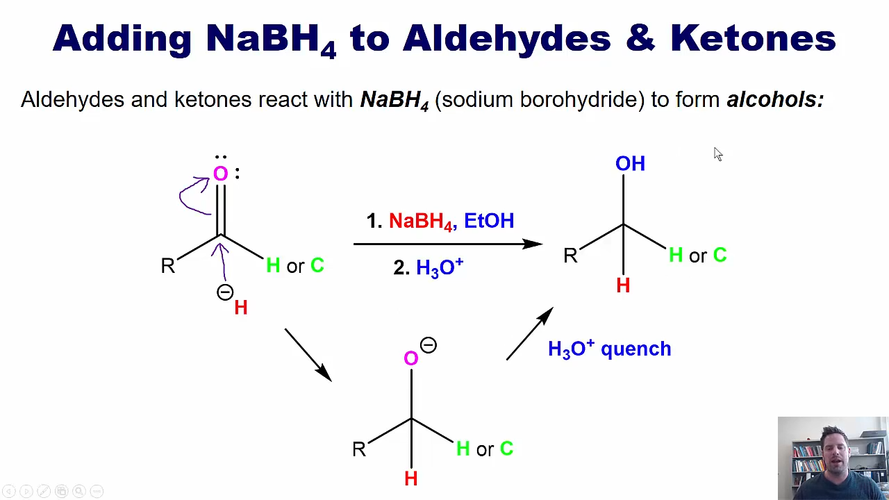 <p><strong><em>NaBH4,</em> EtOH, Quencher (H3O+)</strong></p><p></p><p><strong>Changes Carbonyl (C=O) into a OH (alcohol)</strong></p><p></p>
