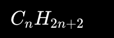 <p>Alkanes are saturated hydrocarbons.</p><p>“Saturated” means:</p><ul><li><p>all carbon-carbon bonds are single bonds</p></li></ul><p></p><p>n = number of carbon atoms</p><p></p><p>Octane has:</p><ul><li><p>8 carbon atoms</p></li></ul><p>Substitute n=8n = 8n=8:</p><p>so</p><p></p><p>C8H18</p><p></p>