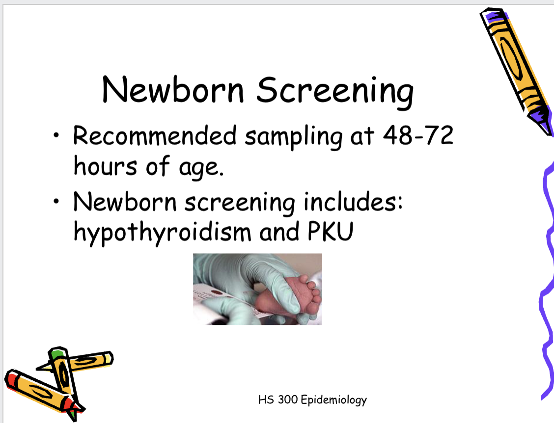 <p>If prevention is not possible, then the next best strategy is early detection of disease in <u>pre-symptomatic stage</u></p><p>➢Primary – to remove or avoid a risk<br>factor before disease develops<br>(vaccination)<br>➢Secondary - detect a disease when it<br>is pre-symptomatic (screening test –<br>mammogram, cholesterol, infant screenings(multiphasic, lead, PKU), vision and hearing) for morbidity and morality<br>➢Tertiary – interventions to minimize<br>disability (rehab)</p><p>Screening tests are not diagnostic</p><p>Example Diabetes<br>• Fasting blood glucose or screening test<br>• Hemoglobin A1C- (normal <5.7%) or<br>Glucose tolerance test- diagnostic<br>test<br></p><img src="https://assets.knowt.com/user-attachments/9d73e22f-569b-4573-a513-8dbe086f986d.png" data-width="100%" data-align="center"><p></p>