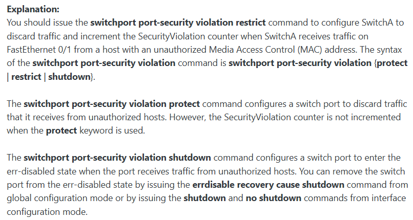 <p>switchport port-security violation restrict</p>