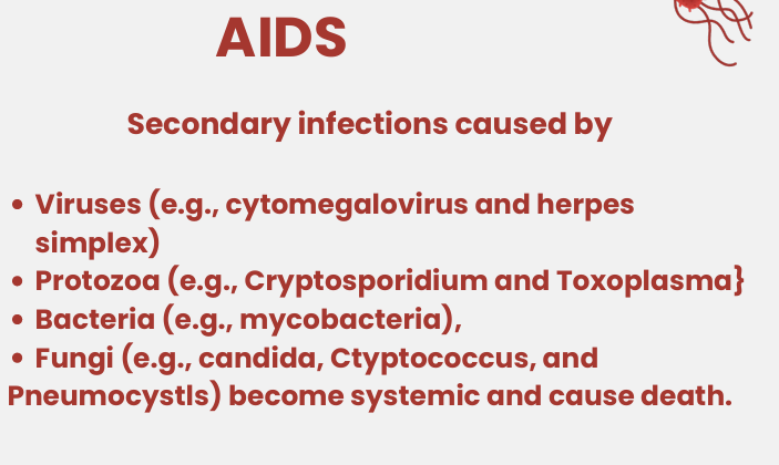 <ul><li><p>Is a severe, life-threatening syndrome that represents the late clinical stage of infection with HlV. </p></li><li><p>Invasion and destruction of helper T cells leads to suppression of the patient's immune system (Immunosuppression).</p></li></ul><p></p>