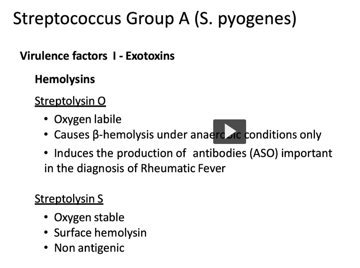 <p><em>S. pyogenes</em> produces <strong>hemolysins</strong> = toxins that <strong>destroy red blood cells (RBCs)</strong> → causes <strong>β-hemolysis (clear zone on blood agar)</strong></p><p><span data-name="point_right" data-type="emoji">👉</span> Two main ones:</p><ul><li><p><strong>Streptolysin O</strong></p></li><li><p><strong>Streptolysin S</strong></p></li></ul><div data-type="horizontalRule"><hr></div><p><span data-name="red_circle" data-type="emoji">🔴</span> <strong>1. Streptolysin O (SLO)</strong> <span data-name="book" data-type="emoji">📖</span> Key Features </p><ul><li><p><strong>O = Oxygen-labile</strong> (inactivated by oxygen <span data-name="cross_mark" data-type="emoji">❌</span>)</p></li><li><p>Works <strong>only in anaerobic (low O₂) conditions</strong></p></li></ul><p><span data-name="point_right" data-type="emoji">👉</span> That’s why:</p><ul><li><p>Hemolysis is better seen <strong>below the agar surface</strong></p></li></ul><div data-type="horizontalRule"><hr></div><p> <span data-name="boom" data-type="emoji">💥</span> What it does </p><ul><li><p>Forms <strong>pores in cell membranes</strong></p></li><li><p>Kills:</p><ul><li><p>RBCs</p></li><li><p>WBCs</p></li><li><p>Platelets</p></li></ul></li></ul><div data-type="horizontalRule"><hr></div><p> <span data-name="test_tube" data-type="emoji">🧪</span> Clinical importance </p><ul><li><p><strong>Highly antigenic</strong> → body makes antibodies</p></li><li><p>These are measured as:</p><ul><li><p><strong>ASO (Anti-Streptolysin O) titer</strong></p></li></ul></li></ul><p><span data-name="point_right" data-type="emoji">👉</span> Used to diagnose:</p><ul><li><p><strong>Rheumatic fever</strong></p></li><li><p>Post-strep infections</p></li></ul><div data-type="horizontalRule"><hr></div><p><span data-name="yellow_circle" data-type="emoji">🟡</span> <strong>2. Streptolysin S (SLS)</strong> <span data-name="book" data-type="emoji">📖</span> Key Features </p><ul><li><p><strong>S = Stable in oxygen</strong> <span data-name="check_mark_button" data-type="emoji">✅</span></p></li><li><p>Works on <strong>surface of agar</strong></p></li></ul><p><span data-name="point_right" data-type="emoji">👉</span> Responsible for:</p><ul><li><p>The <strong>visible β-hemolysis (clear zone)</strong> you see in lab</p></li></ul><div data-type="horizontalRule"><hr></div><p> <span data-name="boom" data-type="emoji">💥</span> What it does </p><ul><li><p>Also destroys RBCs → contributes to hemolysis</p></li></ul><div data-type="horizontalRule"><hr></div><p> <span data-name="exclamation" data-type="emoji">❗</span> Key difference </p><ul><li><p><strong>NOT antigenic</strong><br><span data-name="point_right" data-type="emoji">👉</span> No antibody formation → <strong>no diagnostic test</strong></p></li></ul><p></p>
