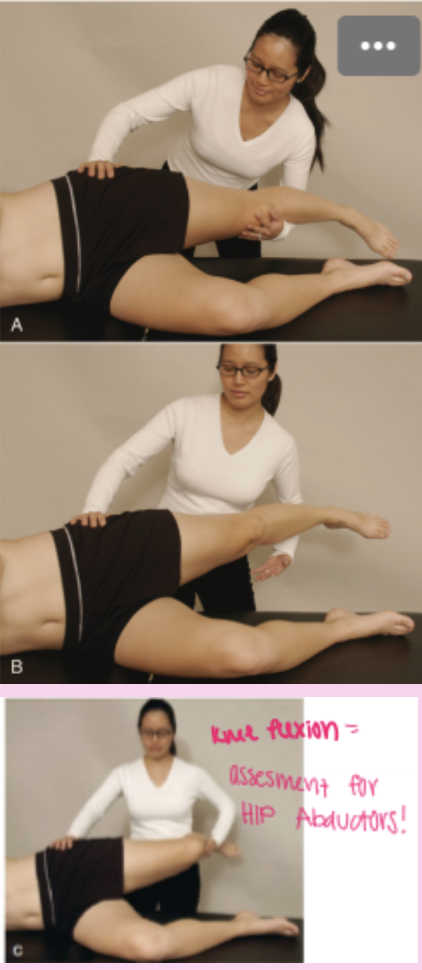 <p></p><ul><li><p><strong>How:</strong> Patient side-lying. Passively <strong>abduct and extend the hip with the knee straight</strong>, stabilize the pelvis, then <strong>lower the leg toward the table</strong>.</p></li><li><p><strong>Positive:</strong> <strong>The leg remains abducted and does not fall to the table</strong>, indicating <strong>TFL/ITB contracture</strong>.</p></li></ul><p>Note:</p><p><span style="background-color: transparent;"><em>&nbsp;Also tests: the gluteus medius and minimus muscles as well as the hip joint capsule.&nbsp;</em></span></p><p><span style="background-color: transparent;"><em>Thus if the test is found to be positive, these should be differentially diagnosed</em></span></p><p></p>