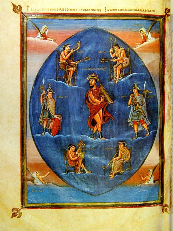 <p>David’s nudity is a symbol of his ___, and he is surrounded by the ___ in mixed genders and musicians.</p>