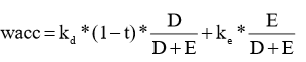 <p>Kd = cost of debt</p><p>Ke = cost of equity = Rf + B(Rm-Rf)</p><p>t = effective tax rate = Income Tax/Earnings before tax</p>