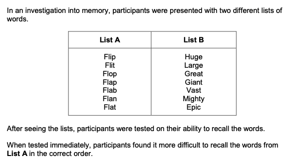 <p>When tested after 30 minutes, participants found it more difficult to recall the words from <strong>List B </strong>in the correct order.</p><p class="p1">Using your knowledge of coding in memory, explain these findings.</p><p class="p1"><strong>[4 marks]</strong></p>