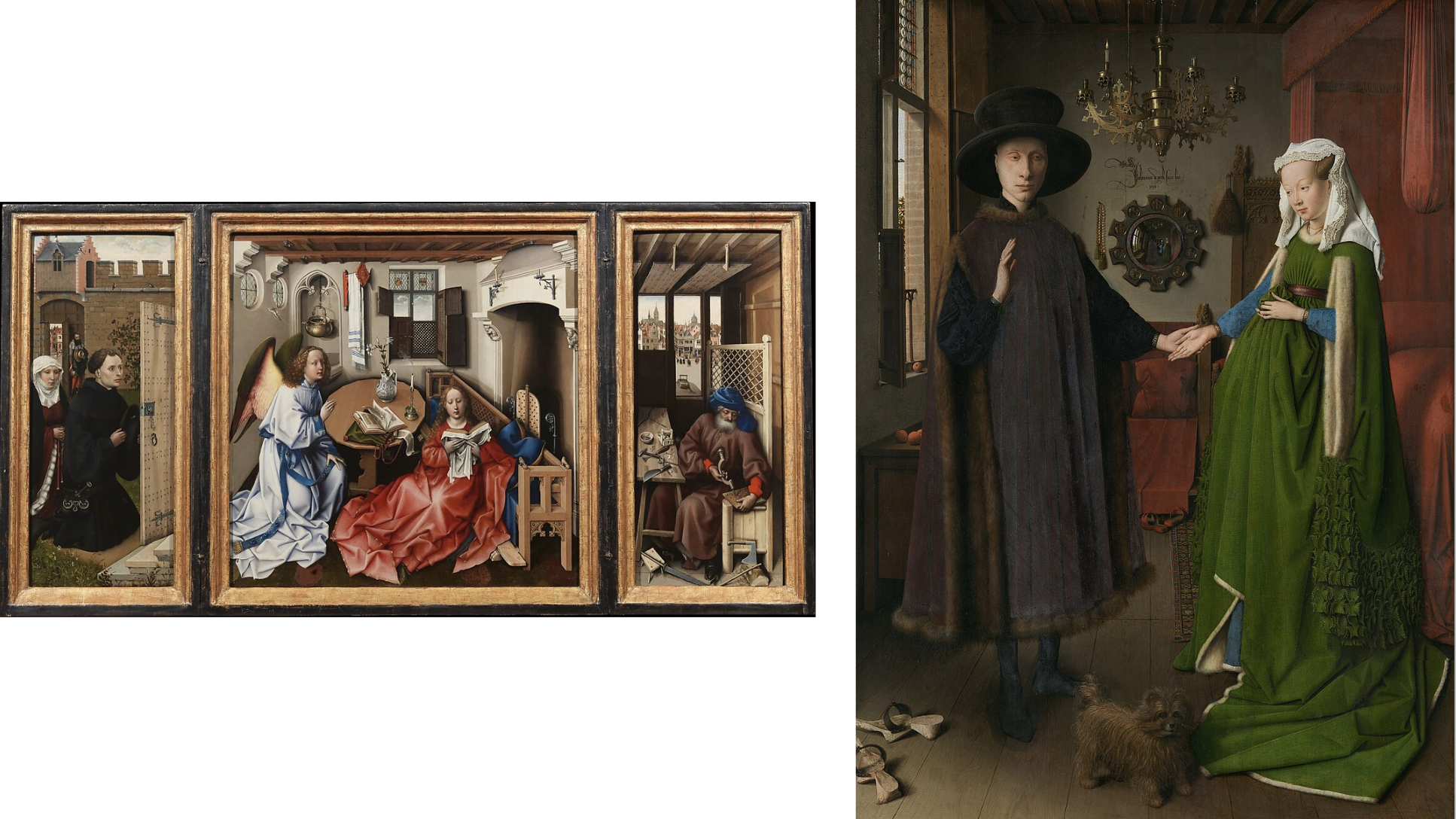 <ul><li><p>Mérode Altarpiece (left)</p></li><li><p>Arnolfini Portrait by Jan van Eyck (right)</p></li></ul><p></p>